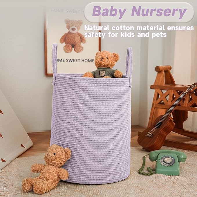 Large Woven Laundry Basket Hamper,60L Cotton Rope Storage Bin for Blankets,Toys and Clothes,Decorative Tall Nursery Hamper for Living Room,Baby Nursery,Bathroom and Bedroom,Purple-Ruum Studio Home