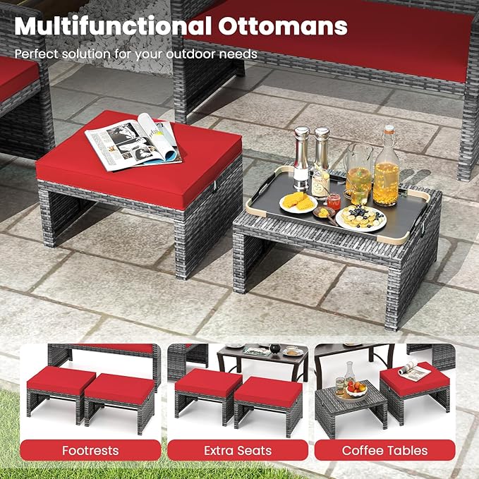 Tangkula 2 Pieces Patio PE Rattan Ottomans, Multipurpose Outdoor Footstool Footrest Additional Seating Side Table with Soft Zippered Cushions for Deck, Garden, and Yard (Red)-Ruum Studio Home