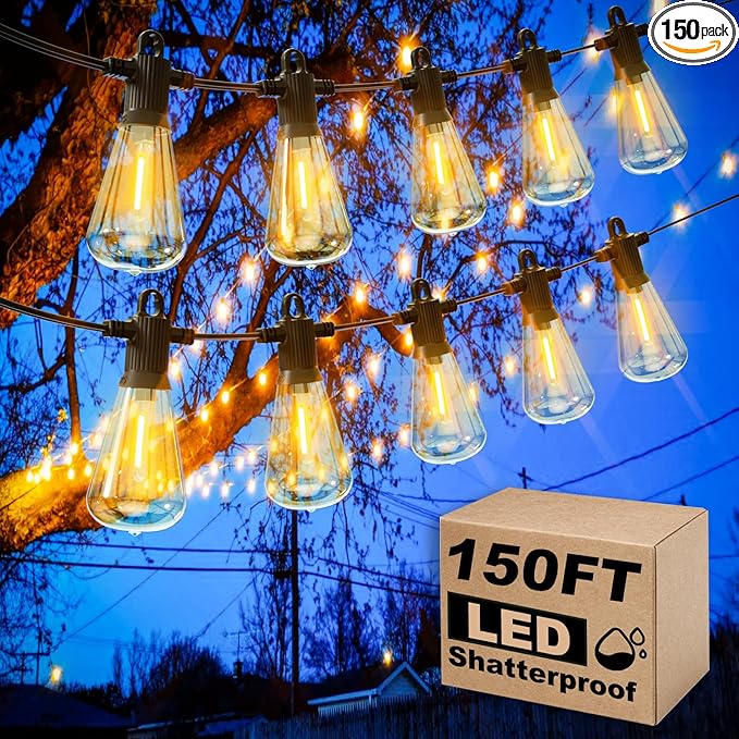 Outdoor String Lights, 150FT LED Patio Lights with 72+3 ST38 Vintage Edison Shatterproof Bulbs, Waterproof Connectable Dimmable Outside Hanging Lights for Backyard Bistro Porch Gazebo(75FTx2)-Ruum Studio Home