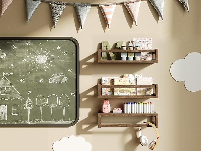 Upgraded Thick Floating Shelves - Multi-Use Wall-Mounted Bookshelves for Kids and Nursery, Ideal for Books, Toys, Spice Rack, Decor - Walnut Brown-Ruum Studio Home