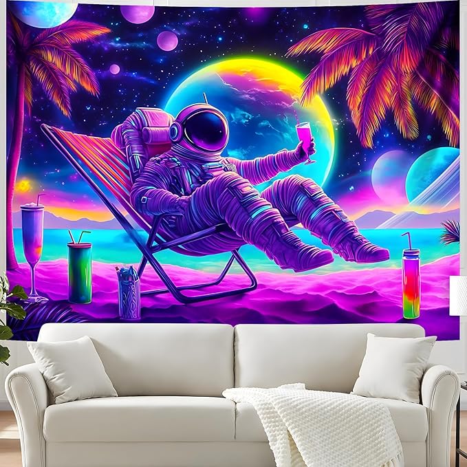 BVBOX Astronaut Space Blacklight Tapestry 79"x59", UV Reactive Astronaut Beach Lounge Chair Vacation Universe Planet Glow in Dark Tapestries, Black Light Neon Upright Poster Wall Hanging Backdrop Decor for Bedroom Living Room-Ruum Studio Home