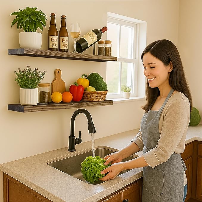 BGMG 36 inch Walnut Floating Shelves for Wall Set of 2, Solid Real Wood Rustic Mount Shelves for Living Room Bedroom Kitchen Farmhouse with Sturdy Hidden Bracket-36x 6.7 x1.25 inch-Ruum Studio Home