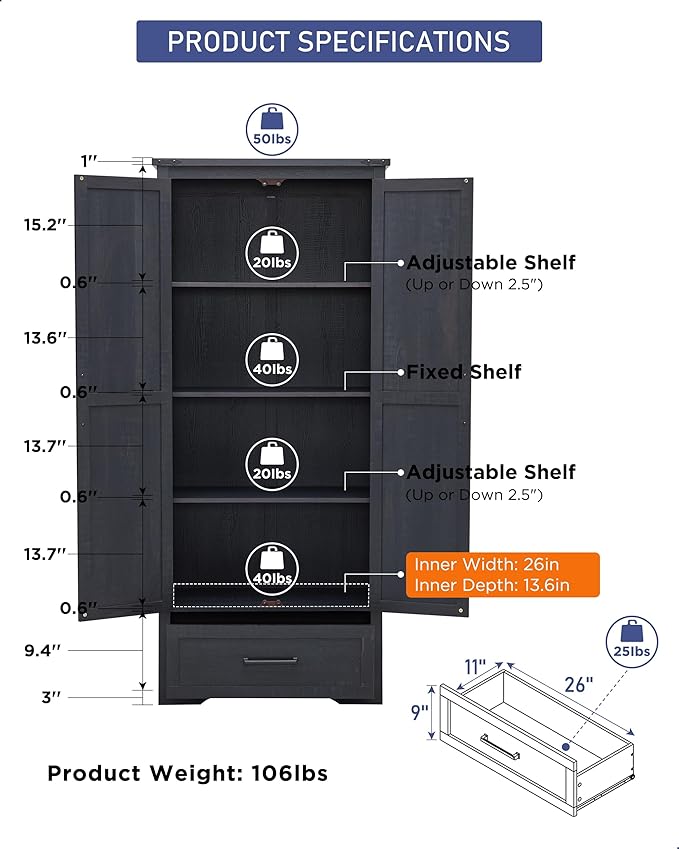 72" Tall Wood Storage Cabinet, Farmhouse Kitchen Pantry Cabinet with Adjustable Shelves & Drawer & Barn Doors, Versatile Storage for Kitchen, Dining Room, Bathroom, Black-Ruum Studio Home