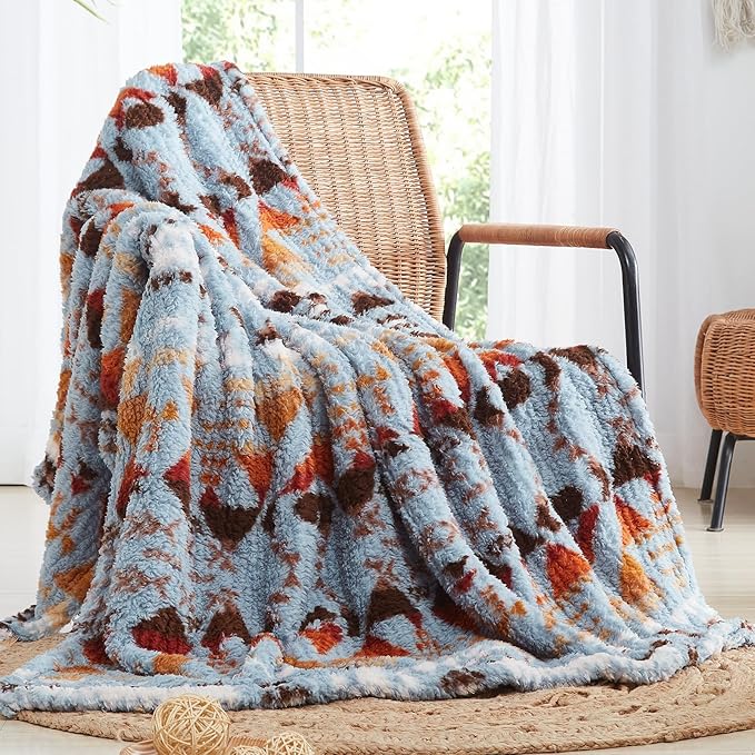 CASAAGUSTO Boho Sherpa Blanket,Teal Aztec Twin Blanket, Ultra Soft, Warm, Cozy, Plush, Thick Fleece Western Blanket for Couch, Bed, Sofa (Blue Grey 60 * 80 Inch)-Ruum Studio Home