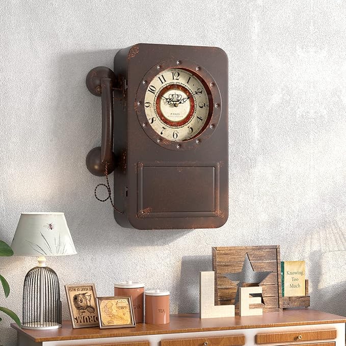 Abdurey Retro Old Telephone Wall Clock with Hidden Safe, Battery Operated Quartz Metal Wall Clocks, Large Rectangular Vintage Decor Clocks, for Farmhouse, Living Room(16" H x 12" W x 4" D)-Ruum Studio Home