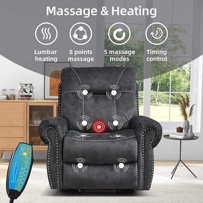EBELLO Electric Power Recliner Chair with Massage and Heat, Soft Fabric Massage Recliner for Adults, Overstuffed Single Reclining Sofa, Vintage Rivet Mid-Century Design for Living Room, Grey-Ruum Studio Home