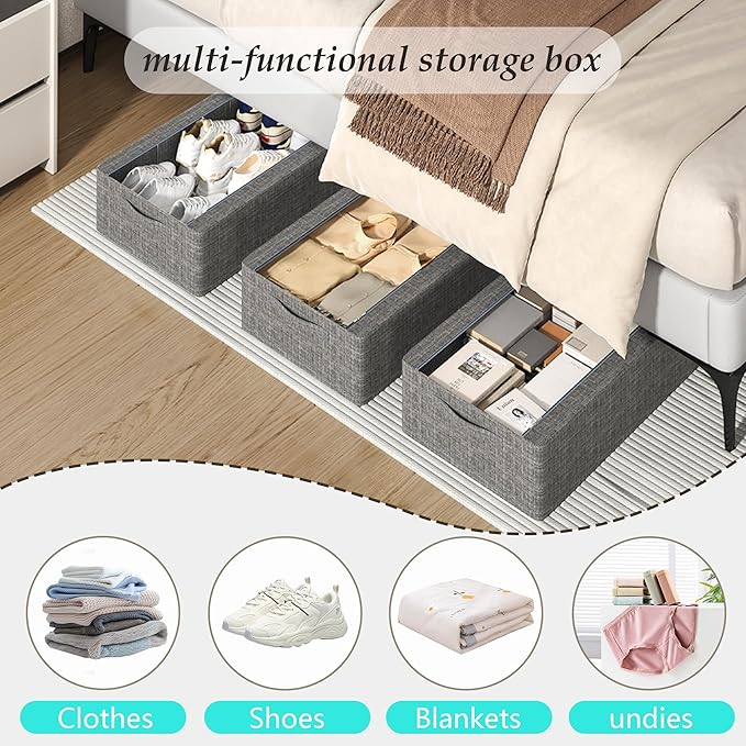 3PCS Under Bed Storage Bins with Metal Frame, Linen Fabric Frame Storage Box Clothes Organizer Bins, Underbed Container with Clear Window (Dark Grey, 23.6 x 13 x 6IN)-Ruum Studio Home