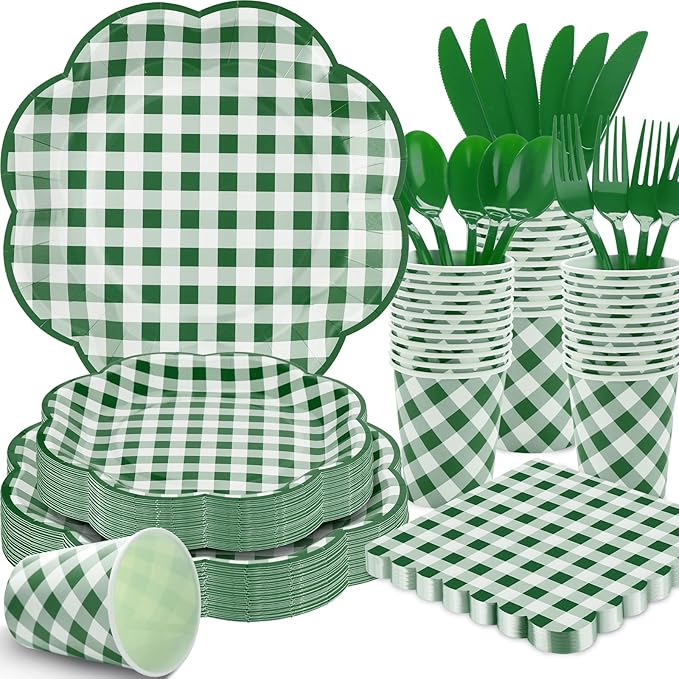 350 Pcs Green Gingham Plates and Napkins Party Supplies - Green and White Checkered Plates Sets Serve 50 Guests - Scalloped Gingham Paper Plate for Birthday Picnic BBQ Golf Party Decorations-Ruum Studio Home