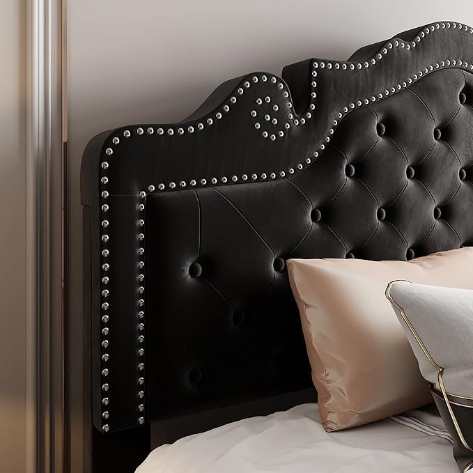 Allewie Full Size Bed Frame with Adjustable Velvet Tiara Headboard, Upholstered Diamond Button Tufted Platform Bed, Wood Slats Support, No Box Spring Needed, Black-Ruum Studio Home