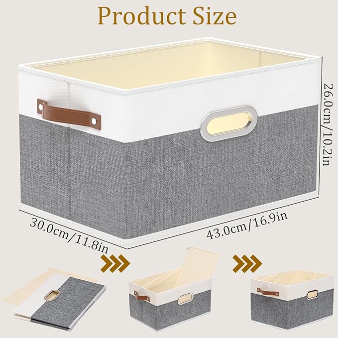 Yawinhe Fabric Storage Bins with Handles, Foldable Baskets for Shelves, Cubes with 3 Handles, Large Boxes for Clothes, White/Grey, 16.9''Lx11.8''Wx10.2''H, 4-Pack-Ruum Studio Home