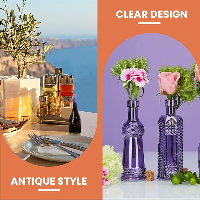 Small Mini Purple Vintage Glass Bottles with Corks, Mini Vases, Decorative Glass Bottle, Potion Bottles, Assorted Design Set of 12 pcs, 4.6 Inch Tall (11.43cm), 1.4 Inch Wide (3.56cm)-Ruum Studio Home