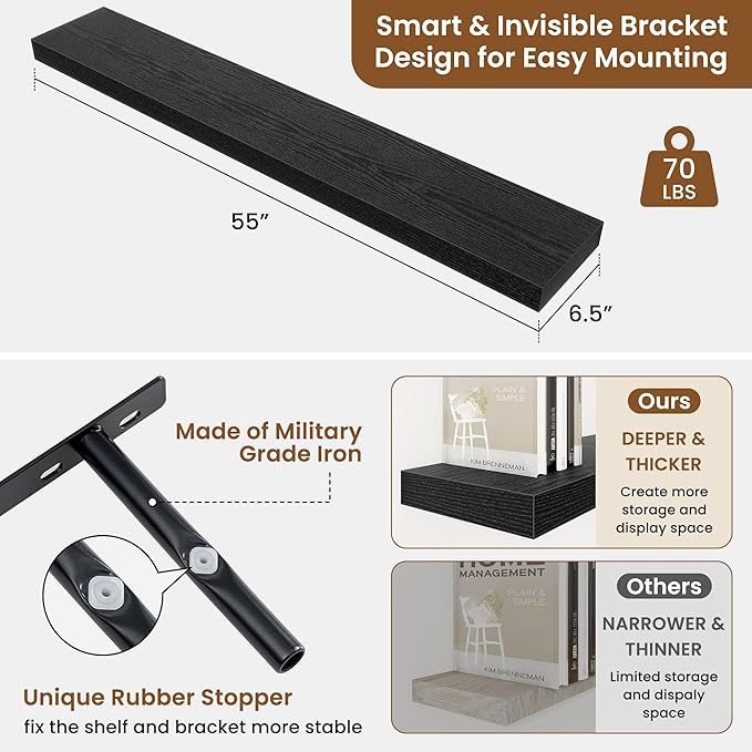 fuqing Floating Shelves for Wall, Bathroom Shelf Wall Mounted for Storage, Shelves with Invisible Bracket for Bedroom, Kitchen, Living Room, Farmhouse Small Book Shelf, 55 Inch Set of 2, Black-Ruum Studio Home