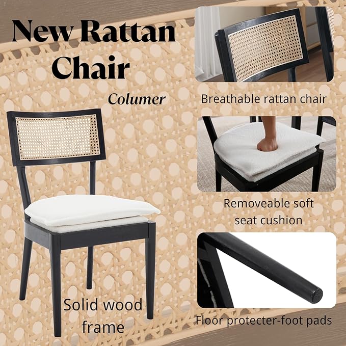 Rattan Dining Chairs Set Of 4 , Mid Century Modern Black Wooden Cane Back Chairs with Removable Sherpa Cushion , Retro Farmhouse Upholstered Kitchen & Dining Room Chairs for Restaurant Living Room-Ruum Studio Home