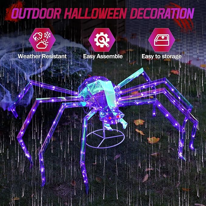 Prismatic Iridescent Giant Spider, 52" Pre-lit Large Outdoor Scary Prismatic Spider Decorations for Halloween 140 LED Light Up Giant Spider Outdoor Halloween Decorations for Garden, Yard, Porch-Ruum Studio Home