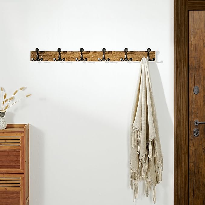 SKOLOO 39-Inch Wood Burnt Coat Rack Wall Mount with 6 Triple Hooks - Ideal for Family Entrances, Classrooms, and Pet Supplies Storage - Perfect Coat Hooks for Wall, Pack of 2-Ruum Studio Home