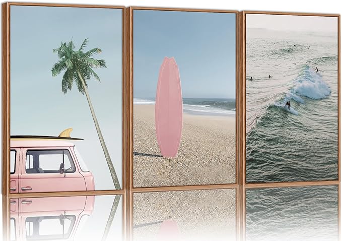Tinonedraw Large Ocean Beach Framed Canvas Wall Art, Summer Coastal Surfboard Wall Decor, Palm Tree Pink Car Artwork, Modern Surfing Seascape Art Prints for Living Room Bedroom Office 16"x24"x3-Ruum Studio Home