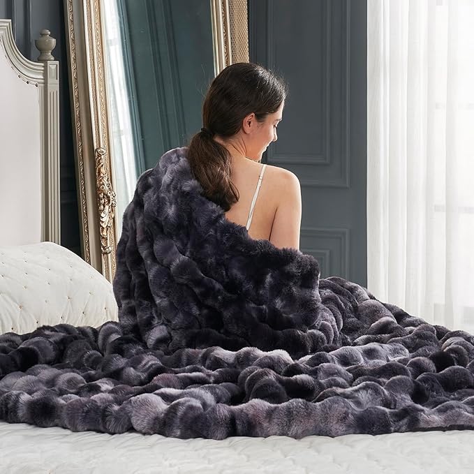 Cozy Bliss Faux Fur Throw Blanket for Couch, Fuzzy Soft Plush Thick Bubble Blanket for Sofa Bedroom Living Room,50 * 60 Inches Tie Dye Black-Ruum Studio Home