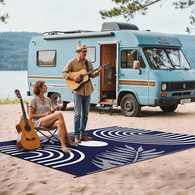 GENIMO Outdoor Rug 6' x 9' Waterproof for Patio Clearance, Reversible Lightweight Plastic Straw Camping Carpet, Large Area Rugs Mats for Rv, Backyard, Deck, Porch, Picnic, Balcony, Mix-Blue & White-Ruum Studio Home