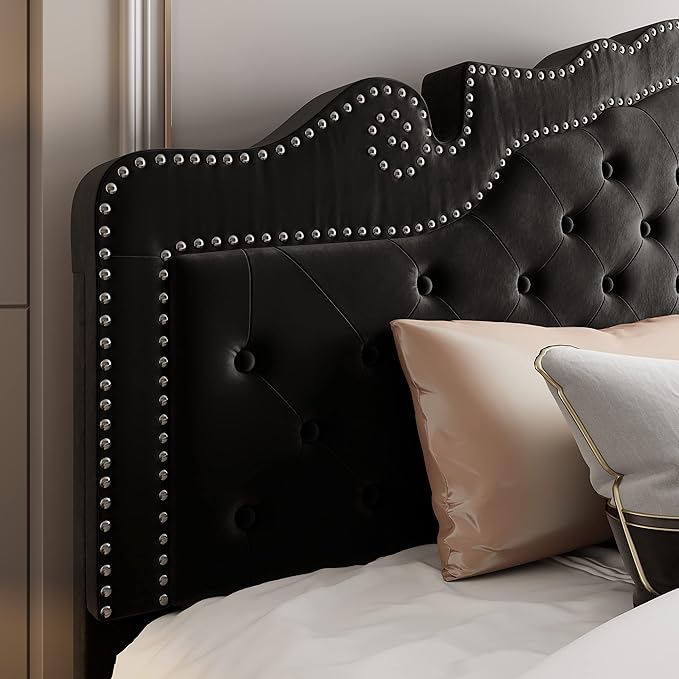 Allewie King Bed Frame with Adjustable Velvet Tiara Headboard, Upholstered Diamond Button Tufted Platform Bed, Wood Slats Support, No Box Spring Needed, Mattress Foundation, Easy Assembly, Black-Ruum Studio Home