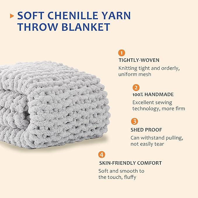 L'AGRATY Chunky Knit Blanket Throw - Soft Chenille Yarn Throw Blanket 40x50： Handmade Thick Cable Knit Crochet Blanke - Large Knit Blanket Chunky Rope Knot Throw Blanket for Couch Sofa Bed Home Decor-Ruum Studio Home