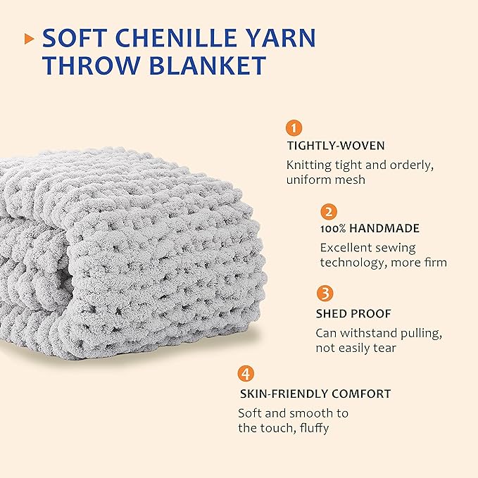 L'AGRATY Chunky Knit Blanket Throw: 72''x84'' Chenille Chunky Knitted Throw Blanket for Bed Couch - Handmade Thick Big Cable Knit Blanket - Large Chunky Crochet Rope Blanket for Home Decor(Grey)-Ruum Studio Home