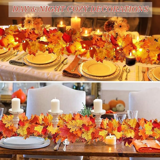 2 Pack Fall Decor Maple Leaves Garland with Lights Battery Operated Fall Thanksgiving Decorations Garland for Home Porch Front Door Table Mantle Outdoor Autumn Harvest Halloween Decor, 11.8Ft 40LED-Ruum Studio Home