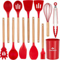 Silicone Cooking Utensils Set, Premium Beech Wood Handle Kitchen Gadgets Utensil Set, Non-Stick Kitchen Utensils Spatula, Tongs, Turner, Whisk, Brush, Spoon, BPA FREE, 446°F Resistant (Red)-Ruum Studio Home