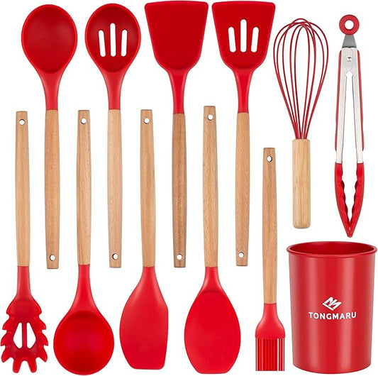 Silicone Cooking Utensils Set, Premium Beech Wood Handle Kitchen Gadgets Utensil Set, Non-Stick Kitchen Utensils Spatula, Tongs, Turner, Whisk, Brush, Spoon, BPA FREE, 446°F Resistant (Red)-Ruum Studio Home