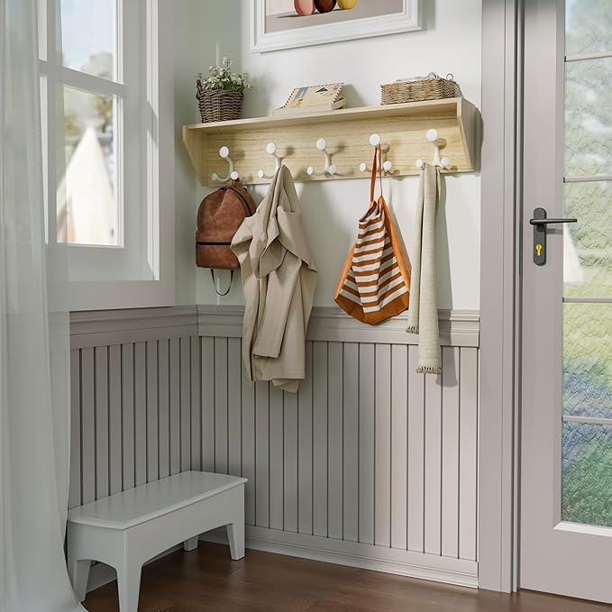 SKOLOO Wall Shelf with Hooks, 35-Inch Coat Rack Wall Mount with Shelf Organizer - Lightweight & Sturdy, 5 Tri Hooks - Perfect for Entryway, Hallway, Living Room, Bedroom, Mudroom, Natural & White-Ruum Studio Home