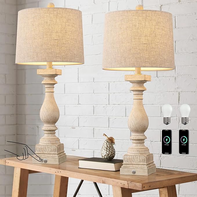 BOBOMOMO 27" Farmhouse 3-Way Dimmable Touch Control Table Lamp Set of 2 with USB A &USB C Charging Ports for Bedroom Living Room Vintage Rustic Traditional Nightstand Bedside Lamps (2 Bulbs Included)-Ruum Studio Home