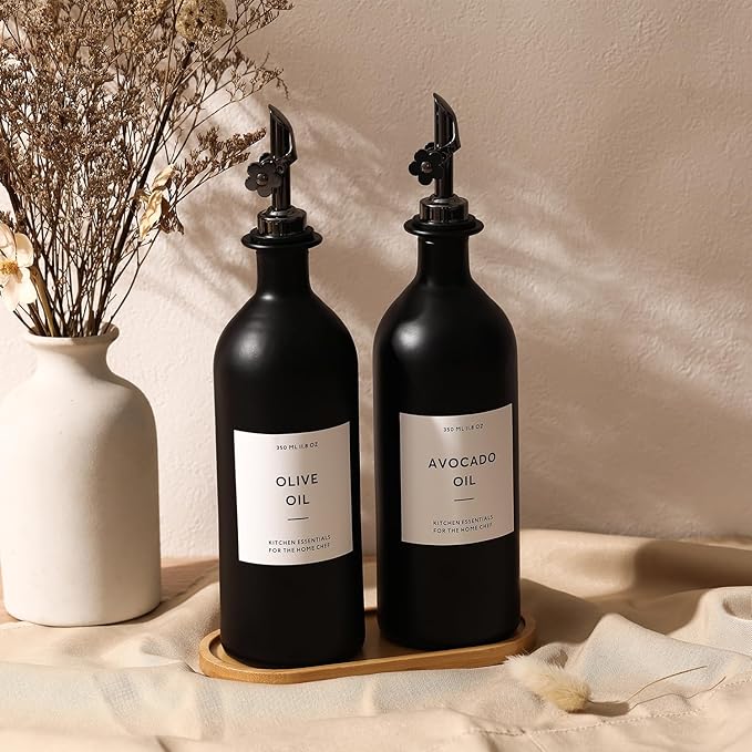 HOMCDALY Olive Oil Dispenser for Kitchen, 16oz Glass Oil Bottles with Bamboo Tray, Black Oil&Vinegar Cruet Set, Kitchen Dispenser Bottles with Pourer | Set of 2 (16oz – Black)-Ruum Studio Home