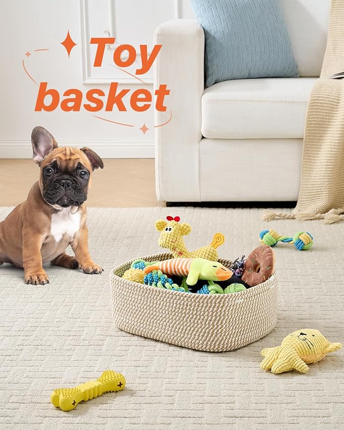 Small Woven Basket, 13.5 x 9.5 x 5 Inches, Storage Basket for Organizing, Cute Small Rope Shelf Closet Cube Storage Bins Baskets for Shelves, Dog Toy Gift Baskets Empty, 3 Pack Brown-Ruum Studio Home