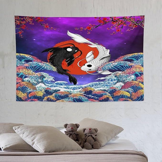 Houselerax Japanese Koi Fish Tapestry, Yin Yang Big Wave Cherry Blossom Tapestries Wall Hanging for Bedroom Living Room Office Decor 60"x40"-Ruum Studio Home