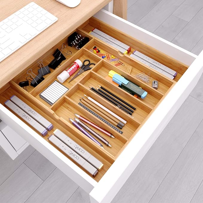 BAMEOS drawer organizer flatware organizer cutlery tray silverware organizer expandable adjustable bamboo drawer organizer kitchen bathroom-Ruum Studio Home