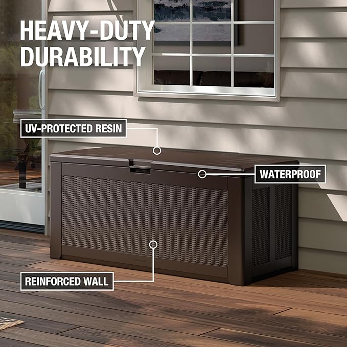 Rubbermaid Extra Large Resin Outdoor Storage Deck Box (134 Gal), Weather Resistant, Brown, Deck Organization for Home/Backyard/Pool Chemicals/Toys/Garden Tools/Porch/Patio Cushions-Ruum Studio Home