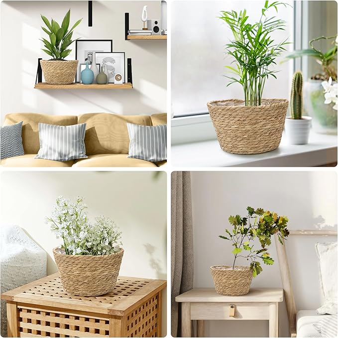 Athaliah Plant Basket Set of 3, Indoor Woven Planter Baskets with Plastic Liner, Water Hyacinth and Corn Husk Decorative Pots for Rustic Home & Floor Plant Decor (Natural Color-3)-Ruum Studio Home