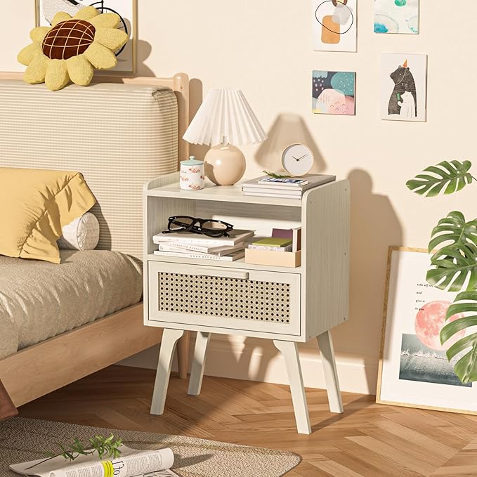 Lerliuo Rattan Nightstand, Side Table with Drawer Open Shelf, Cane Accent Bedside End Table with Solid Wood Legs, Mid Century Modern Night Stand for Bedroom, Dorm and Small Spaces (Grey White)-Ruum Studio Home