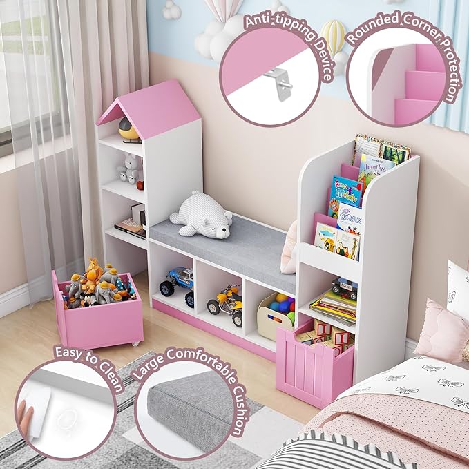 Toy Storage Organizer for Kids Bookshelf with Reading Nook, Multifunctional Kids Bookcase with 7 Storage Cubbies, 2 Movable Drawers and Seat Cushion for Keeping Kids' Toys Books Organized, Pink-Ruum Studio Home