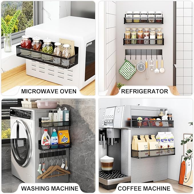 Magnetic Spice Rack for Refrigerator, 3 Pack Magnetic Shelf, Moveable Fridge Organizer with 8-Hook Rack, Seasoning Organizer for Kitchen-Ruum Studio Home