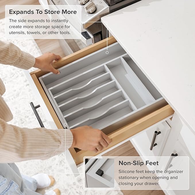 Premium Silverware, Flatware and Utensil Organizer for Kitchen Drawers, Food-Safe Contract Grade, Expandable from 10.5 to 19 In, Gray Bamboo-Ruum Studio Home