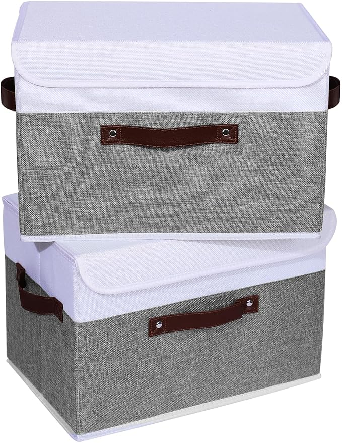 ANMINY 4PCS Storage Boxes with Lid Washable Decorative Storage Bins Basket with PU Leather Handle Foldable Linen Fabric Storage Cubes Containers for Home Closet Organizer - Gray White, Large Size-Ruum Studio Home