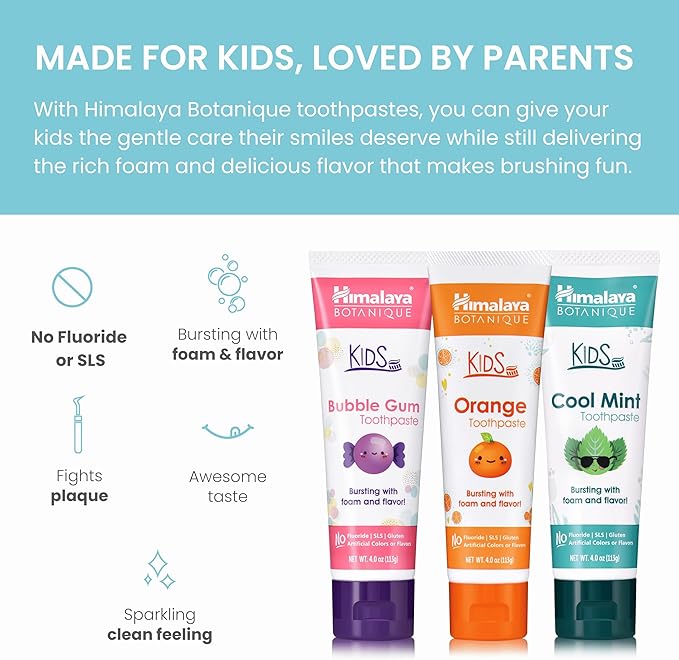 Himalaya Botanique Kids Toothpaste with Xylitol, Variety Pack of Bubble Gum, Orange & Cool Mint - Fluoride Free Toothpaste - Vegan, Gluten Free, No Artificial Flavors or Colors, 4 oz (Pack of 3)-Ruum Studio Home