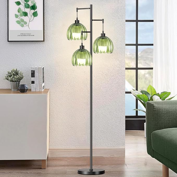 Glass Gold Floor Lamp for Living Room,Bedroom,Mid Century Modern Standing Lamp Brass Tree 3 Light Tall Floor Lamps Vintage Retro Floor Lights Green Flower Lamp Shade Farmhouse Boho Bohemian-Ruum Studio Home