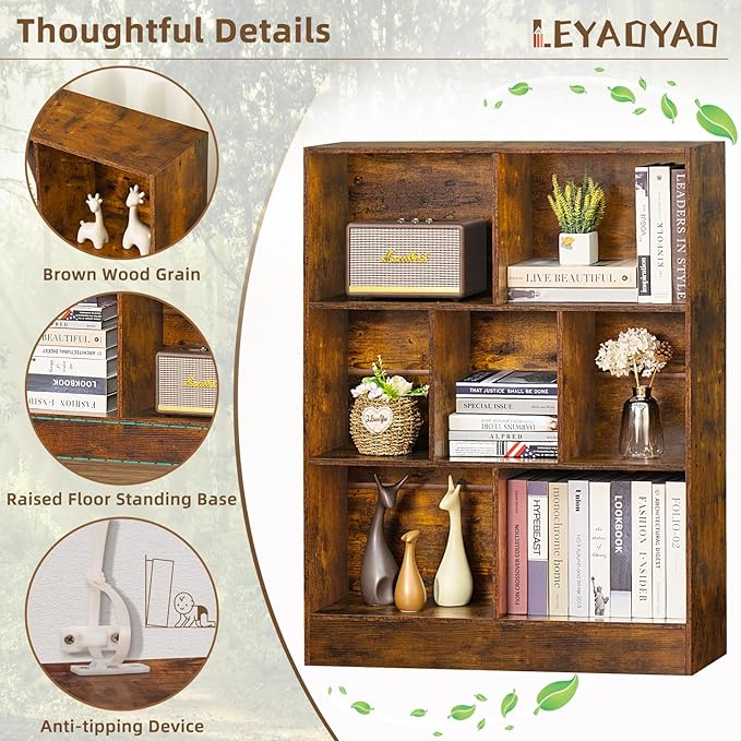 LEYAOYAO 7 Cube Bookshelf with Base,3 Tier Mid-Century Modern Brown Bookcase,Standing Wide Bookshelves Storage Organizer Shelf,Rustic Wood Display Cabinet Book Shelves for Bedroom,Living Room,Office-Ruum Studio Home