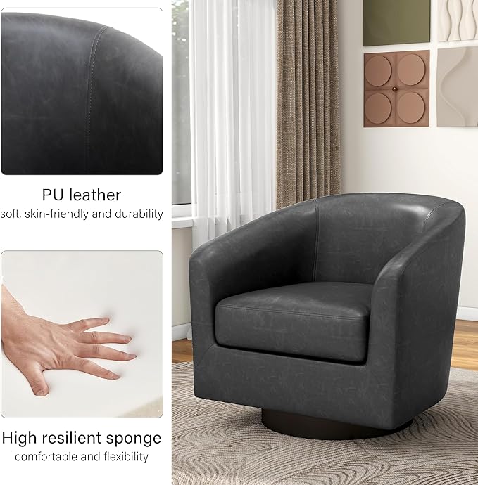 Swivel Barrel Accent Chair, Modern Round Faux Leather Arm Chair for Living Room, Bedroom, Comfy Club Reading Chairs for Adults(Faux Leather, Black Grey, Set of 1)-Ruum Studio Home