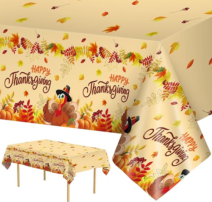 2 Pack Happy Thanksgiving Tablecloth - Fall Thanksgiving Turkey Table cloths, Disposable Plastic Rectangle Autumn Pumpkin Maple Leaf Table Cover for Thanks Giving Tables Decor Party Supplies,108x54In-Ruum Studio Home