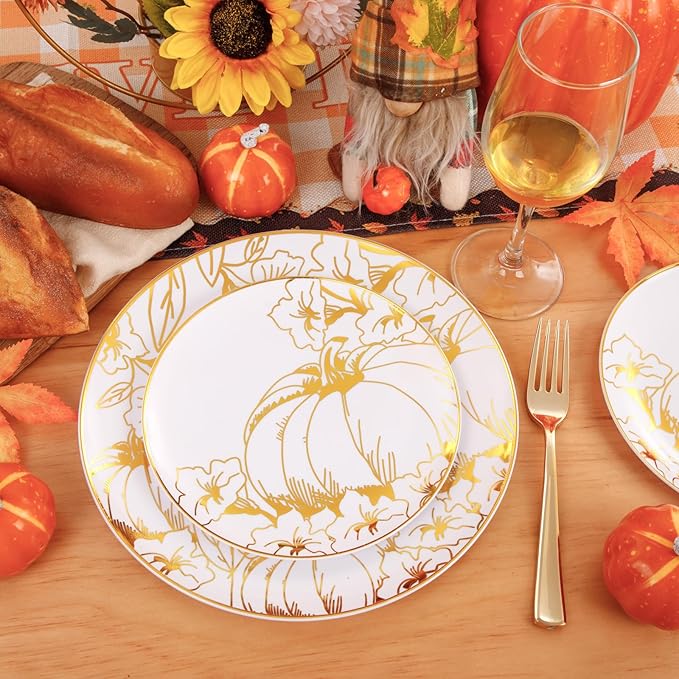 FLOWERCAT 60PCS Thanksgiving Plates & Gold Pumpkin Plates - Including 30PCS 10.25inch Thanksgiving Dinner Plates and 30PCS 7.5inch Thanksgiving Dessert Plates for Giving Thanks Theme Party-Ruum Studio Home