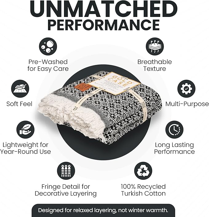 Gold Case Throw Blanket for Couch – 100% Recycled Turkish Cotton Blankets & Throws – Elegant Decorative Throw Blankets for Living Room Sofa – Woven Throws for Couch – Retro Black – 50x60-Ruum Studio Home