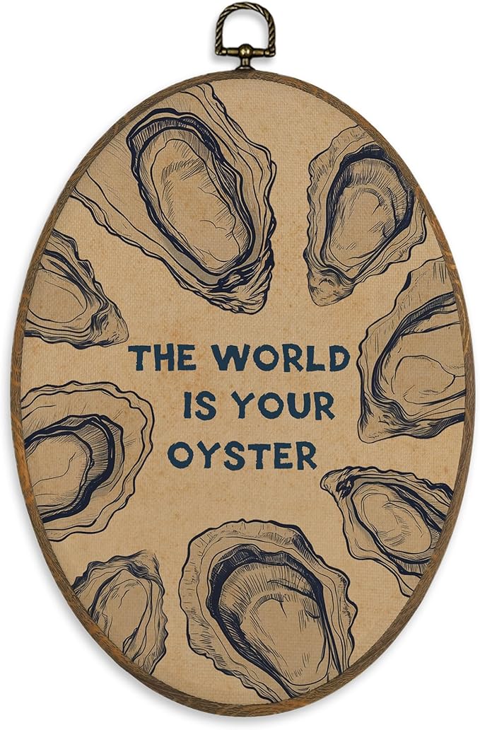 XBBMGG Vintage Oyster Wall Art Decor, Inspirational Retro Beach Oval Wall Hanging Decor, Nautical Ocean The World Is Your Oyster Framed Canvas Prints for Living Room Bathroom Decorations, 8.6 x 11.4 inch-Ruum Studio Home