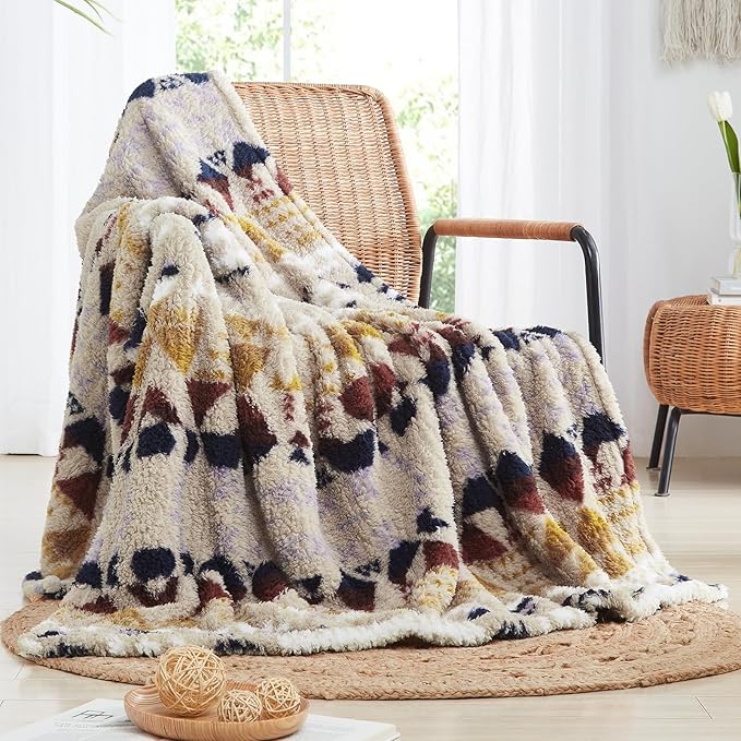 CASAAGUSTO Boho Sherpa Blanket,Teal Aztec Twin Blanket, Ultra Soft, Warm, Cozy, Plush, Thick Fleece Western Blanket for Couch, Bed, Sofa (Khaki 60 * 80 Inch)-Ruum Studio Home
